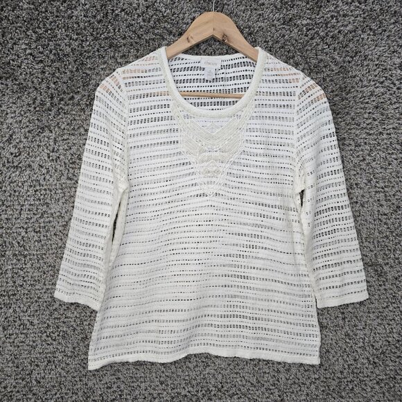 Chicos Top Womens 0 US Small Off White Scoop Neck Beaded Open‎ Knit Blouse - Picture 1 of 8